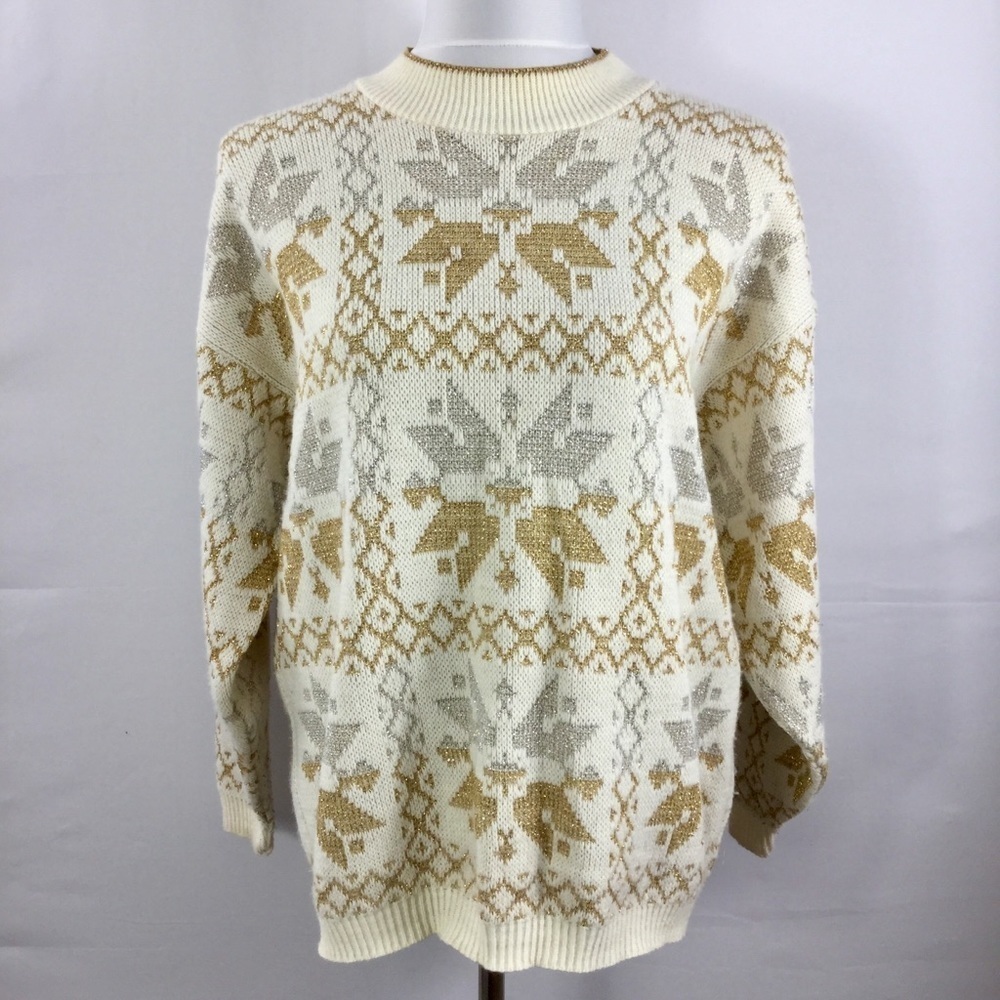 Vintage Metallic Silver Gold Cream Snowflake Sweater